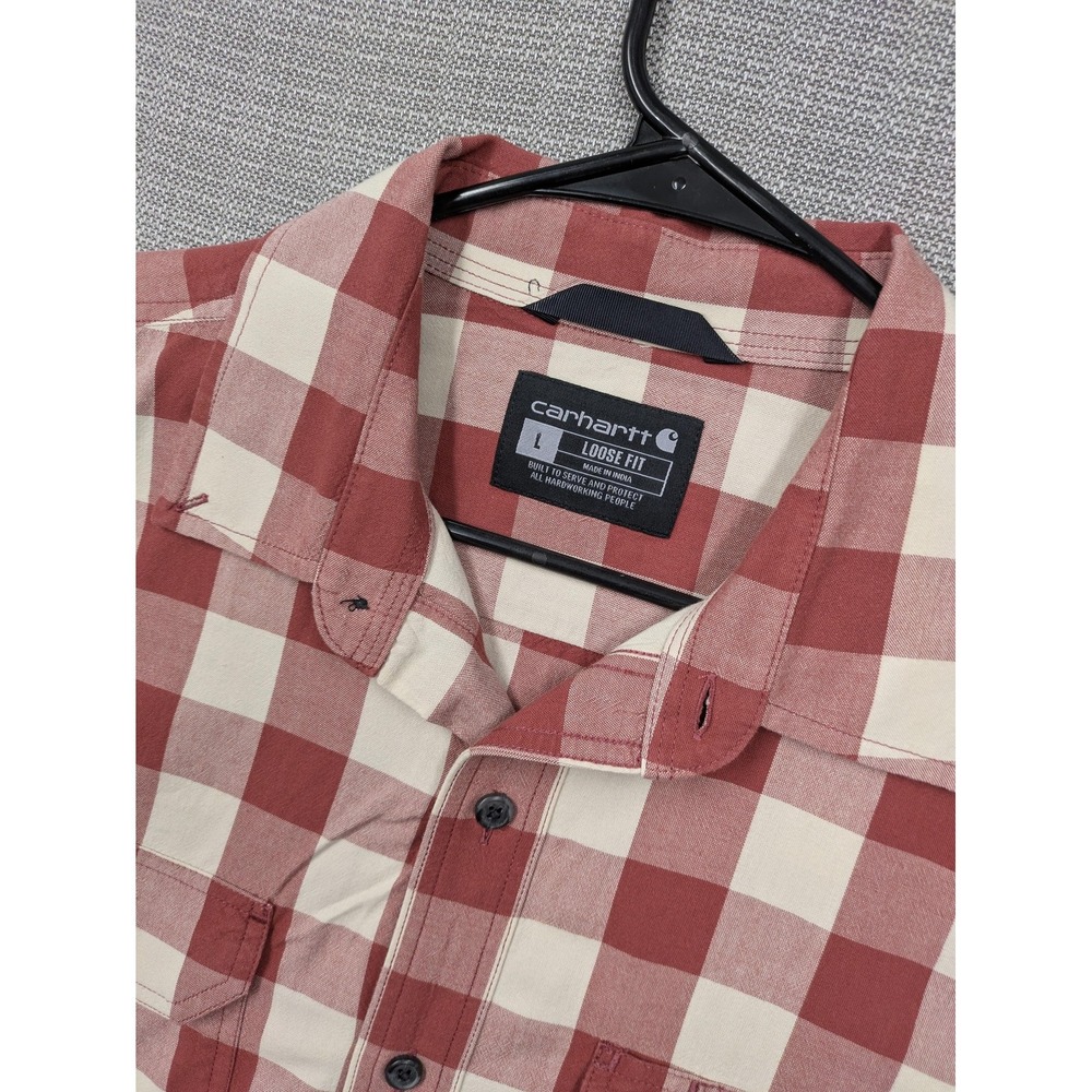 Carhartt Shirt Mens Large Red Plaid Short Sleeve Button Up Loose Fit Workwear